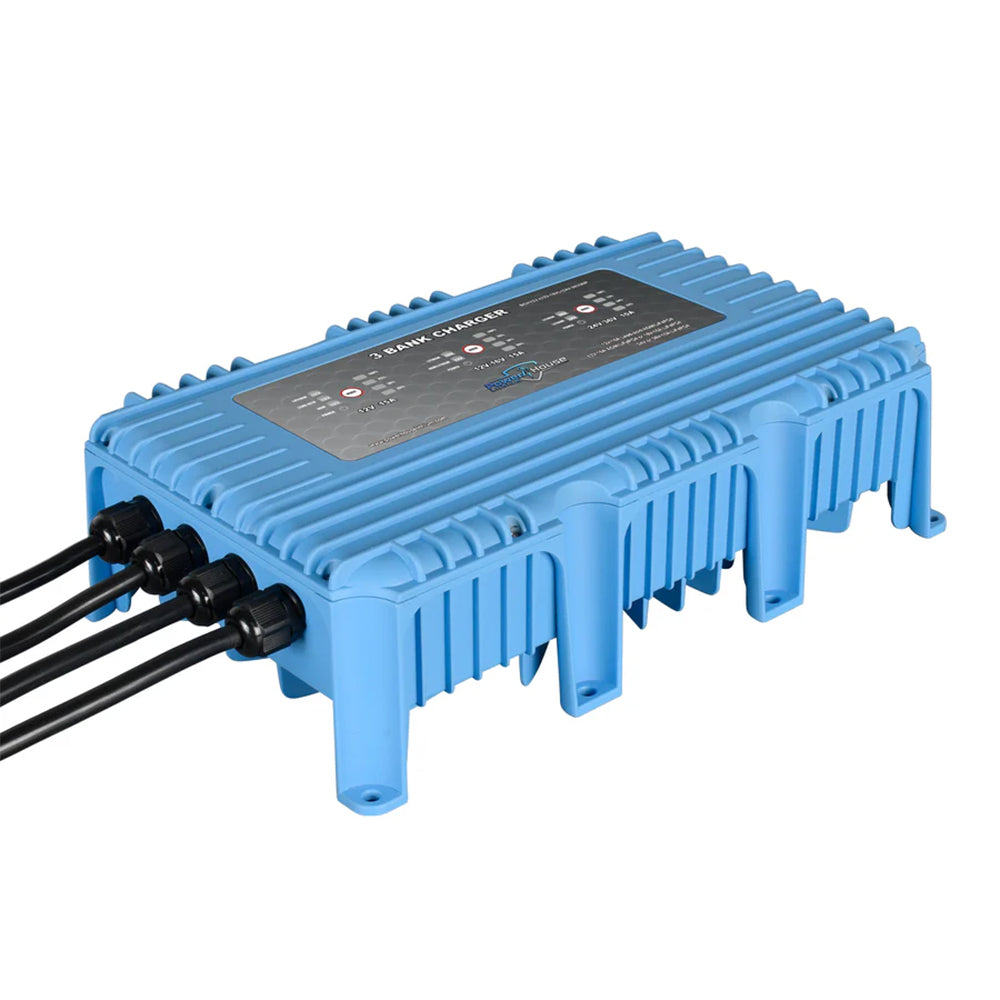 The Powerhouse Lithium 12V-(12V-16V)-(24V-36V)WP 3-Bank Waterproof Battery Charger by Powerhouse Lithium features a rugged, waterproof design and three output cables, making it perfect for charging your lithium marine batteries.