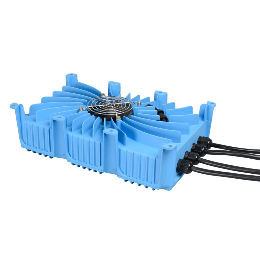 The Powerhouse Lithium 12V-(12V-16V)-(24V-36V)WP 3-Bank Waterproof Battery Charger by Powerhouse Lithium features cooling fins, a central fan with metal grille, and four black cables—ideal for marine battery charging.