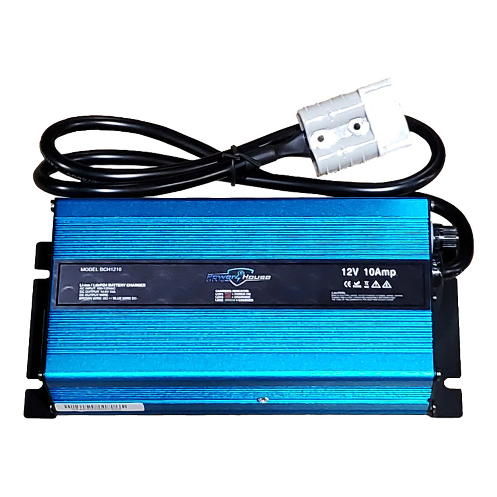 The Powerhouse Lithium AC Chargers Non Waterproof by Powerhouse Lithium is a blue 12V 10Amp charger with a black power cable and gray connector, designed for mounting and features automatic shutdown, shown on a white background.