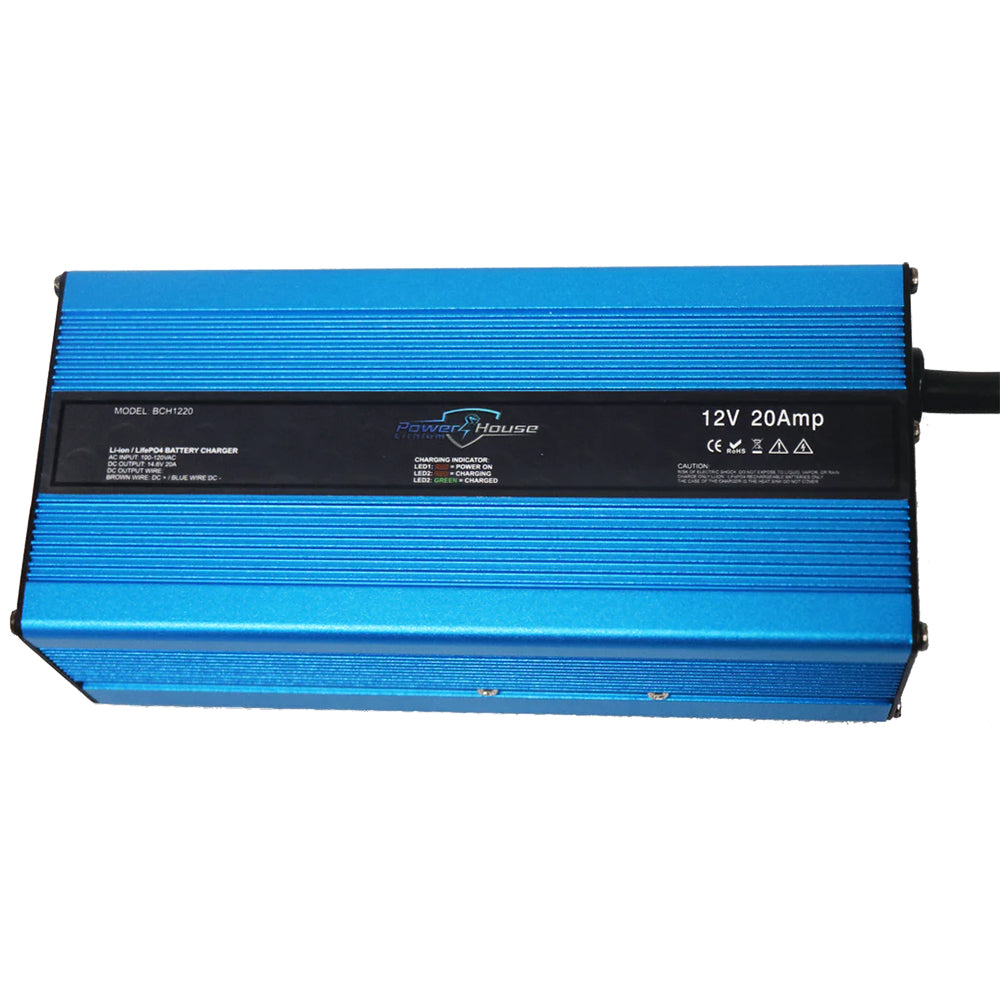 The Powerhouse Lithium AC Charger Non Waterproof (12V 20Amp) by Powerhouse Lithium features a blue body, black top with specs, side power cord, and automatic shutdown for safe, efficient charging.