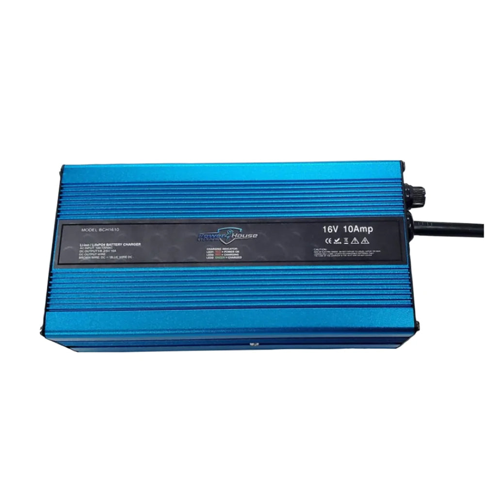 The Powerhouse Lithium AC Chargers Non Waterproof by Powerhouse Lithium is a blue, rectangular charger with a black label marked "16V 10Amp," supports LiFePO4 batteries, and has a power cord on the right side.
