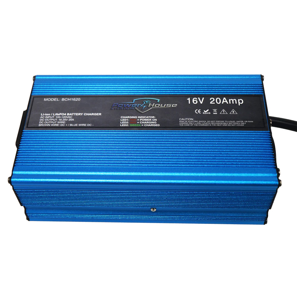 The Powerhouse Lithium AC Chargers Non Waterproof by Powerhouse Lithium is a blue 16V 20Amp charger for LiFePO4 batteries, with cooling fins, spec label, visible power cord, and automatic shutdown for safety.