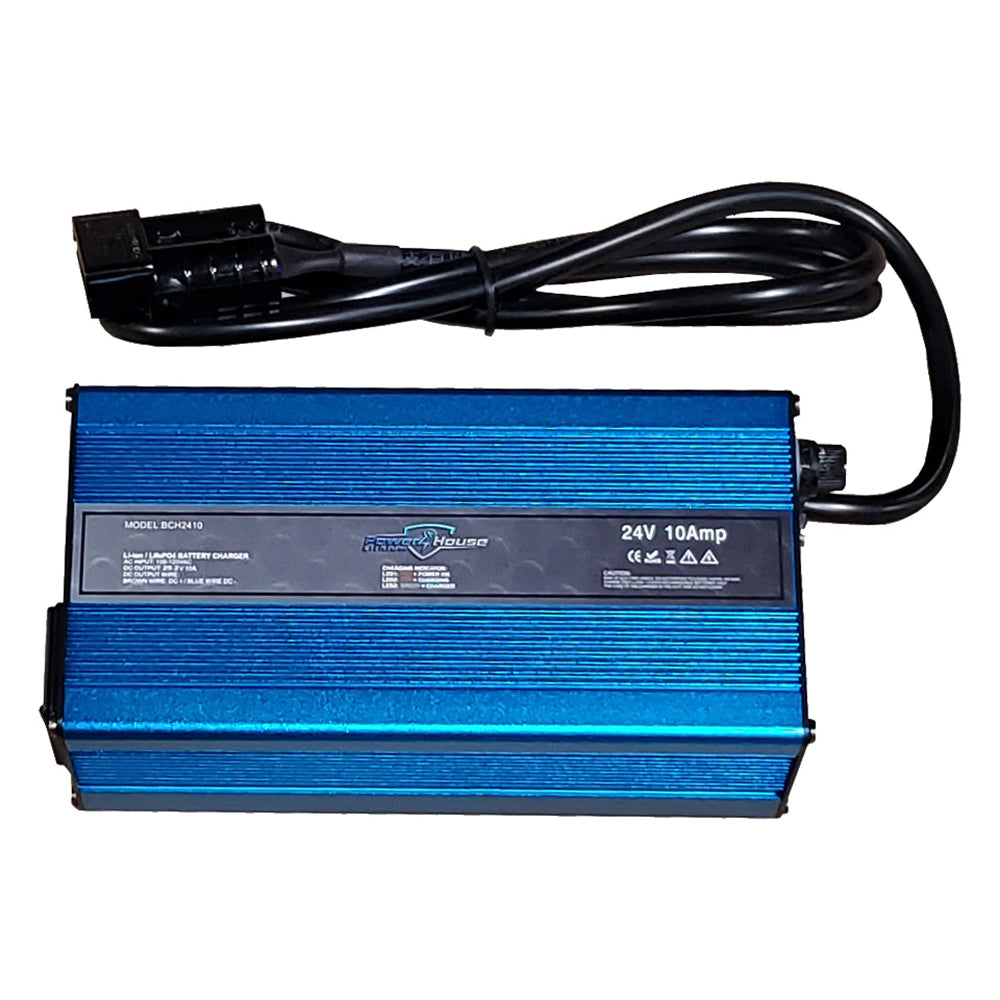 The Powerhouse Lithium AC Chargers Non Waterproof by Powerhouse Lithium is a blue 24V 10A charger for LiFePO4 batteries, featuring a ribbed metal casing, black cable and plug, with technical details and certifications shown on the label. Automatic shutdown included.