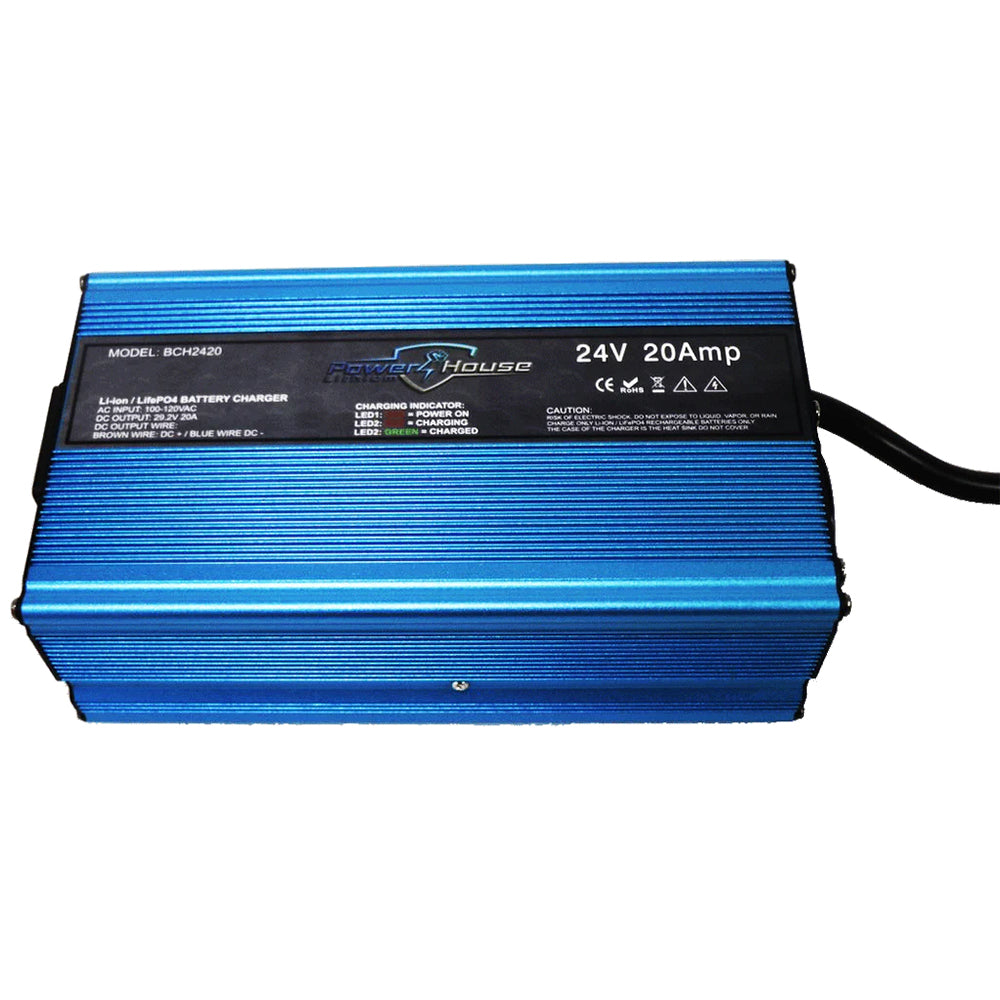 The Powerhouse Lithium AC Chargers Non Waterproof by Powerhouse Lithium, model BCH420, is a 24V 20A charger for LiFePO4 batteries with indicator lights, caution text on a black label, right side power cord, and automatic shutdown.