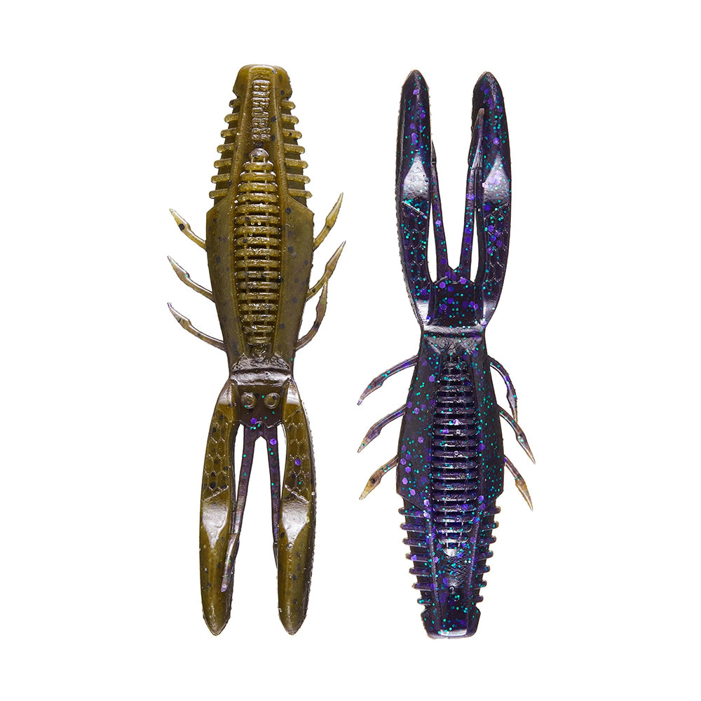 The Rapala Crush City Bronco Bug fishing lures, featuring innovative design by Rapala, come as lifelike plastic crayfish: one in olive green with double-sided ribs and the other in dark purple with blue speckles. Both have detailed claws and hinged arms for realistic movement.