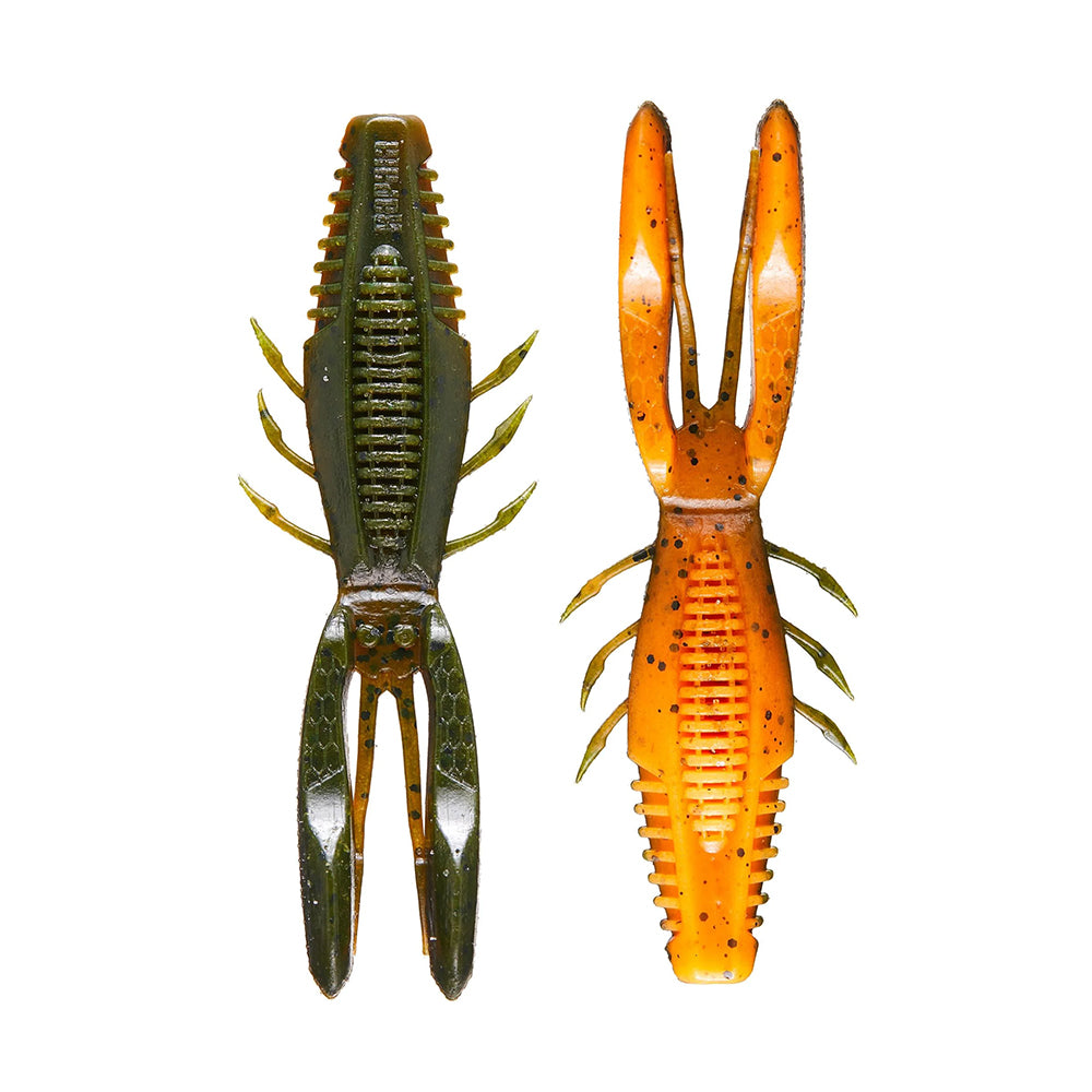 Two Rapala Crush City Bronco Bug fishing lures, one green and one orange, are displayed side by side. Each lure is crafted with detailed legs and claws and features small speckles for added realism.