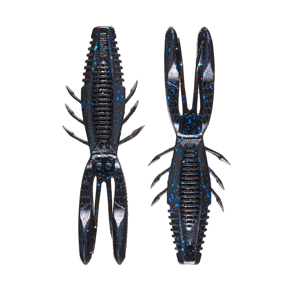 Two Rapala Crush City Bronco Bug lures featuring segmented bodies and claw-like hinged arms, with a black and blue speckled crawfish design, are displayed against a white background.