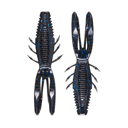 Two Rapala Crush City Bronco Bug lures featuring segmented bodies and claw-like hinged arms, with a black and blue speckled crawfish design, are displayed against a white background.
