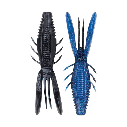 Two rubber fishing lures shaped like crawfish. The left, a Rapala Crush City Bronco Bug™, is black with double-sided ribs and pincers. The right is blue with sparkles, featuring multiple appendages and elongated hinged arms. Both are designed to mimic aquatic prey.