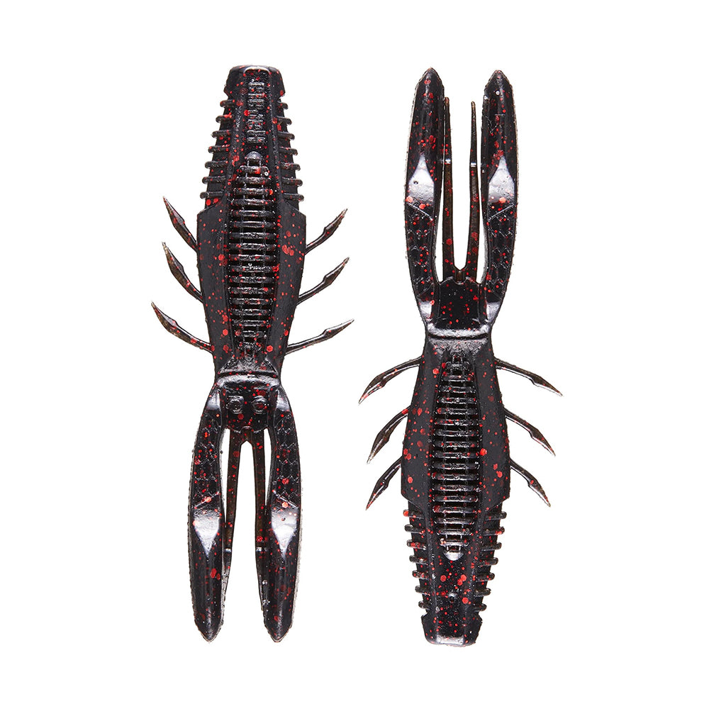 The Rapala Crush City Bronco Bug features two soft plastic lures resembling crawfish, with black bodies speckled red. Double-sided ribs, hinged arms, segmented bodies, multiple legs, and large pincers enhance their lifelike appearance.
