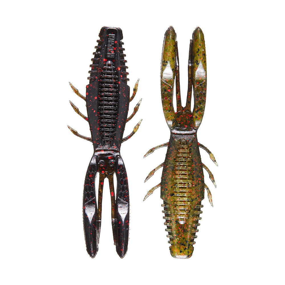Two Rapala Crush City Bronco Bug soft plastic lures shaped like crayfish: one black with red speckles and the other greenish-brown. They feature hinged arms, double-sided ribs, multiple legs, and segmented bodies—ideal for bass fishing.