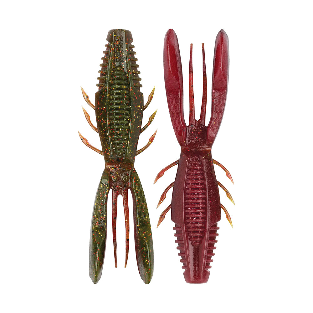 Two colorful crawfish-shaped fishing lures are side by side; the left lure has double-sided ribs, is green with orange flecks, while the Rapala Crush City Bronco Bug™ on the right is dark red. Both feature detailed textures resembling shell segments, legs, and pincers.