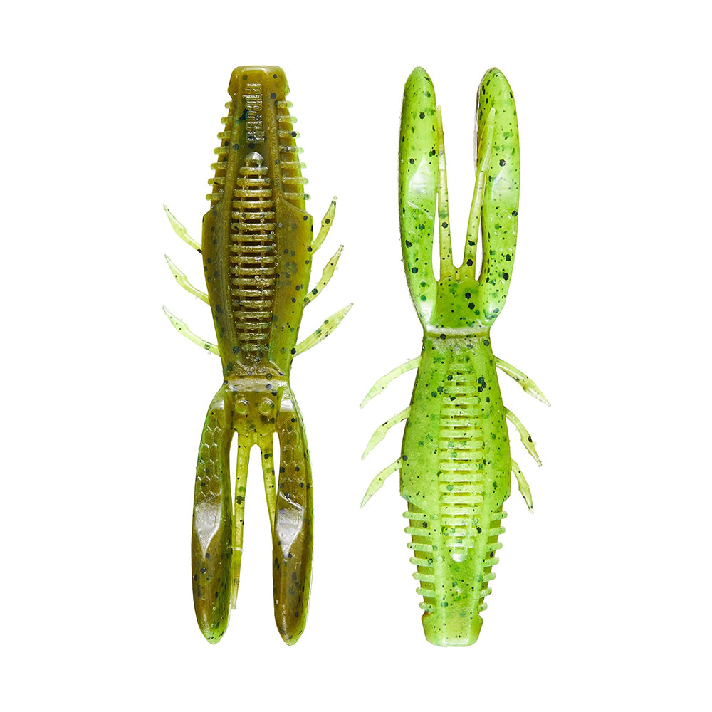 Two Rapala Crush City Bronco Bug lures in green are displayed, one upright and the other flipped to show its textured underside. Designed like lobsters with double-sided ribs, both lures have black speckles.