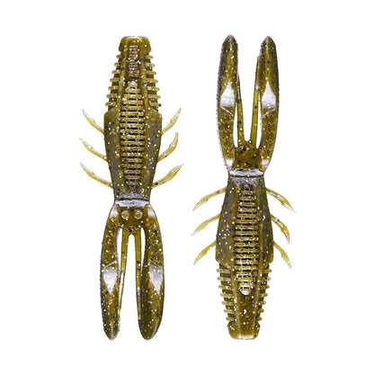 Two Rapala Crush City Bronco Bug lures in green and brown plastic, with textured bodies and glittery accents, ideal for fishing. The left lure shows a frontal view with open claws, while the right displays a back view, featuring double-sided ribs for enhanced movement.