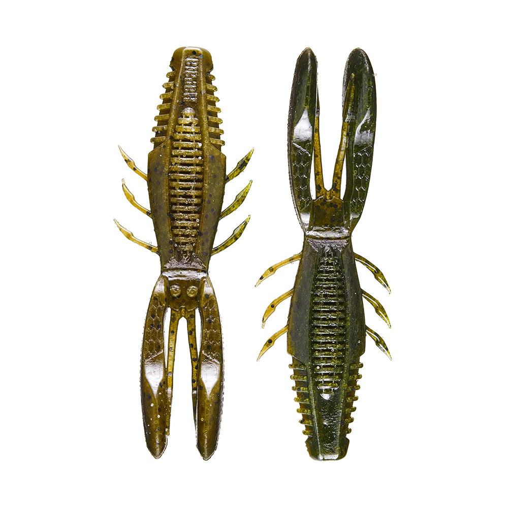 Two green, lifelike Rapala Crush City Bronco Bug lures feature textured bodies with detailed pincers. They have double-sided ribs and hinged arms for realism, making them ideal for fishing enthusiasts.
