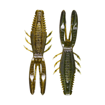 Two green, lifelike Rapala Crush City Bronco Bug lures feature textured bodies with detailed pincers. They have double-sided ribs and hinged arms for realism, making them ideal for fishing enthusiasts.