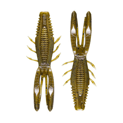 Rapala's Crush City Bronco Bug lures mimic crawfish with segmented bodies, double-sided ribs, pincers, and numerous legs. They feature a greenish-brown color with black speckles and bright, reflective surfaces.