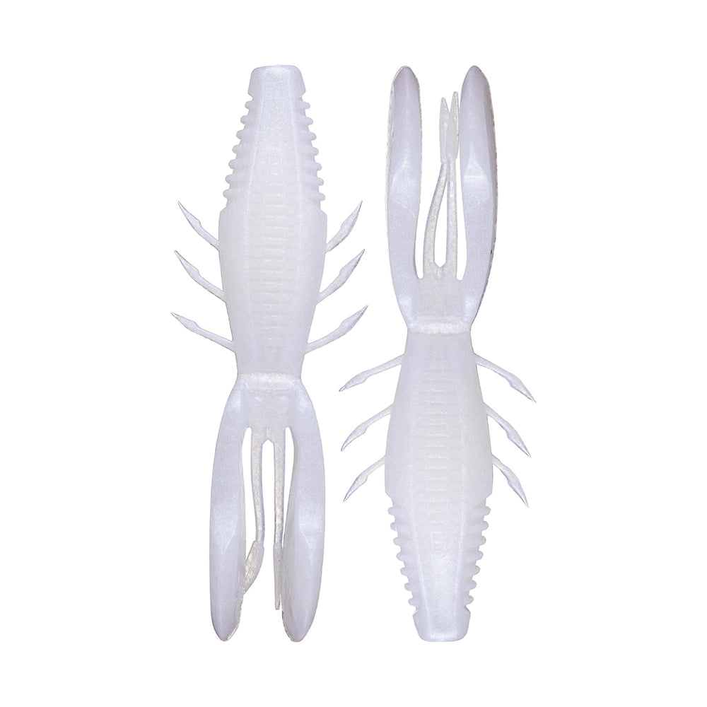 Two white, plastic Rapala Crush City Bronco Bug molds resemble crustaceans with segmented bodies, multiple legs, and large claws. They boast hinged arms for lifelike movement and are displayed side by side, with one slightly rotated for a varied perspective.