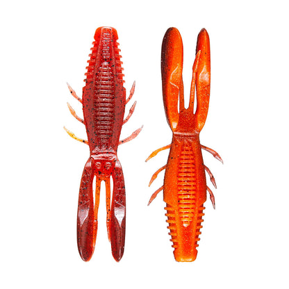 Two Rapala Crush City Bronco Bug lures in red and orange feature detailed textures, double-sided ribs, segmented bodies, hinged arms for realistic movement, long claws, and small legs. Set against a plain white background.