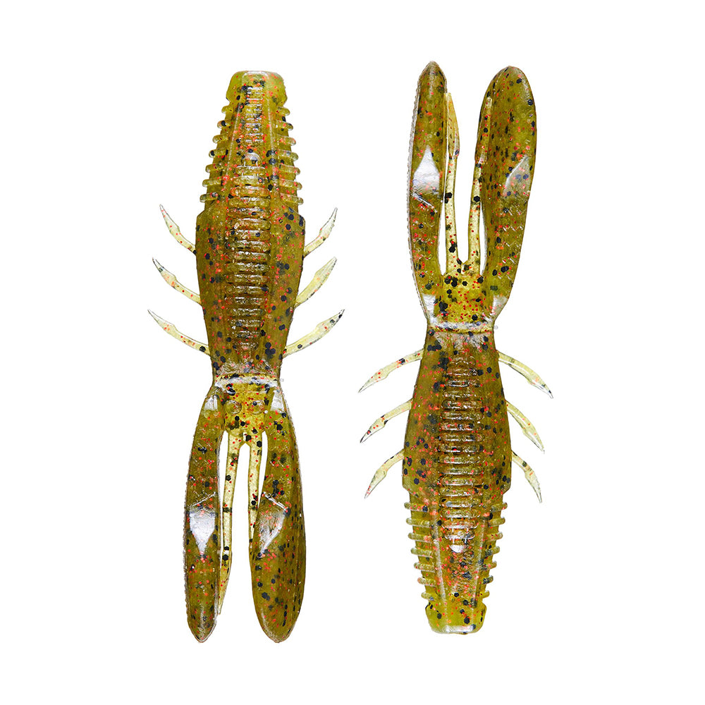 Two Rapala Crush City Bronco Bug lures resemble crayfish with green, speckled black and orange spots. They feature hinged arms for lifelike movement, and a top-down view highlights their textured bodies and claws.