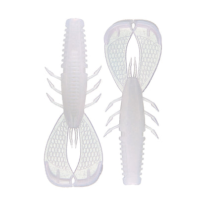 Illustration of two translucent white Rapala Crush City Cleanup Craw lures, featuring a crawfish shape with segmented bodies, detailed claws, and multiple legs. The slightly ribbed texture is ideal for bass fishing. They are shown from different angles.
