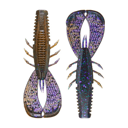 Introducing the Rapala Crush City Cleanup Craw, a top choice for anglers. These artificial lures resemble crawfish or insects, perfect for bass. They feature dark hues with purple and blue specks, segmented bodies, and multiple side appendages. Made by Rapala.