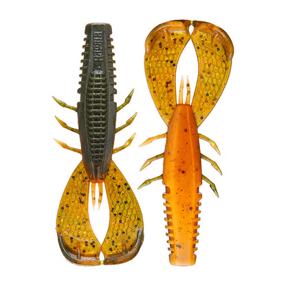 Two vibrant Rapala Crush City Cleanup Craw lures, inspired by Jacob Wheeler, are side by side: the left is green and yellow with black spots, the right is orange with black spots. They both feature detailed segmented bodies, pincers, and legs—ideal for bass fishing.
