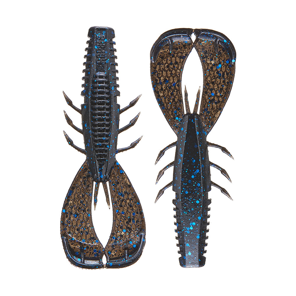 The Rapala Crush City Cleanup Craw lures, endorsed by Jacob Wheeler, come in black and blue speckles with ridges and appendages. Their detailed, segmented bodies and textured pincers mimic real crawfish, making them excellent bass snacks.