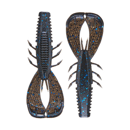 The Rapala Crush City Cleanup Craw lures, endorsed by Jacob Wheeler, come in black and blue speckles with ridges and appendages. Their detailed, segmented bodies and textured pincers mimic real crawfish, making them excellent bass snacks.
