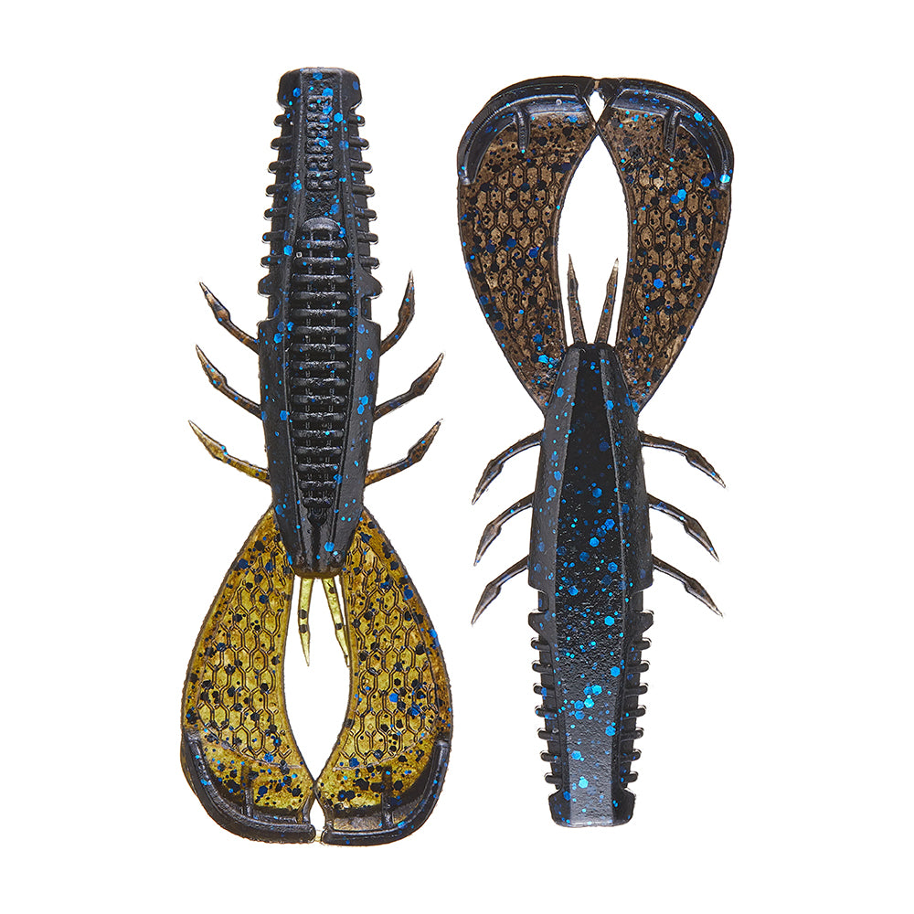 The Rapala Crush City Cleanup Craw fishing lures, in blue with black and black with blue speckles, are lobster-shaped and designed for bass fishing. They are segmented with multiple legs and large pincers, textured for realism to attract a catch worthy of Jacob Wheeler.