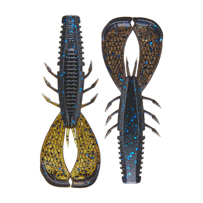 The Rapala Crush City Cleanup Craw fishing lures, in blue with black and black with blue speckles, are lobster-shaped and designed for bass fishing. They are segmented with multiple legs and large pincers, textured for realism to attract a catch worthy of Jacob Wheeler.