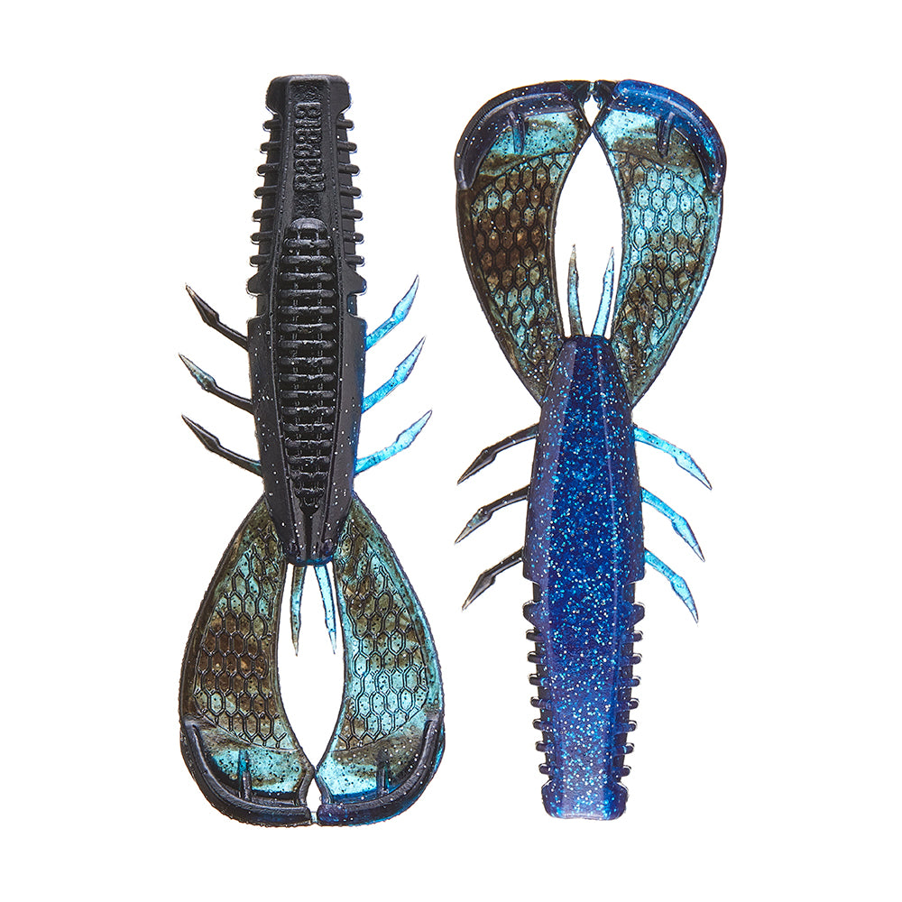 Two blue and black Rapala Crush City Cleanup Craw lures with detailed textures, segmented bodies, and claw-like appendages lie side by side on a white background, ideal for any Jacob Wheeler fan.