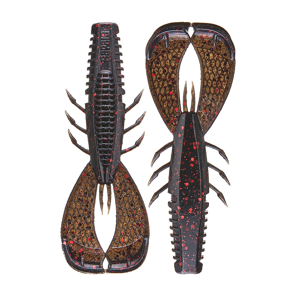 The Rapala Crush City Cleanup Craw, an artificial fishing lure endorsed by Jacob Wheeler, resembles crawfish with red-speckled dark exteriors, intricate legs and claws, and a contrasting brown-tan underside. It's the perfect bass bait.