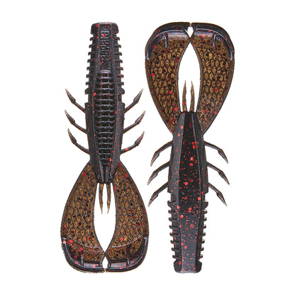 The Rapala Crush City Cleanup Craw, an artificial fishing lure endorsed by Jacob Wheeler, resembles crawfish with red-speckled dark exteriors, intricate legs and claws, and a contrasting brown-tan underside. It's the perfect bass bait.