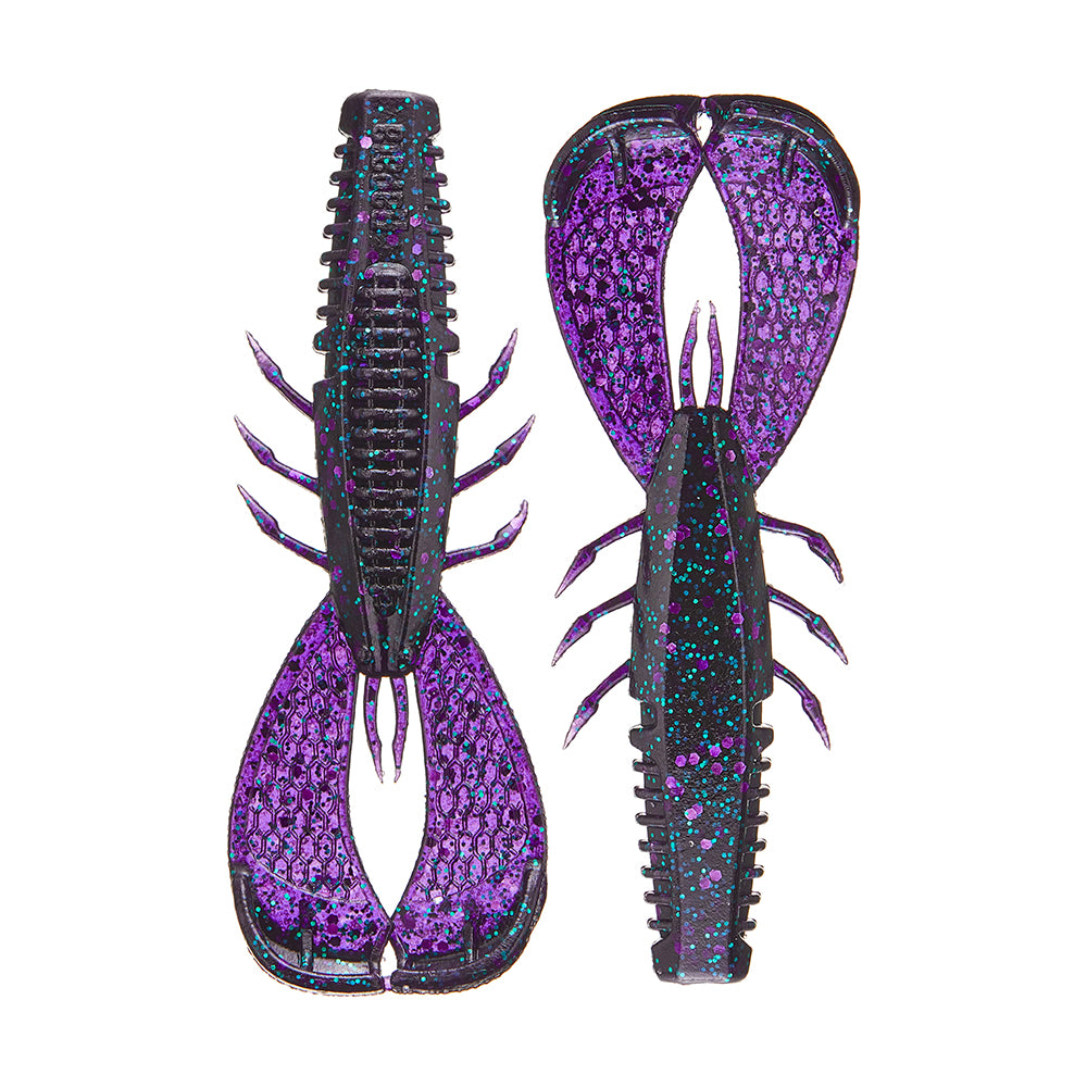 Two Rapala Crush City Cleanup Craw lures inspired by Jacob Wheeler are shown. They resemble crawfish with a purple and teal speckled pattern and multiple lifelike appendages, making them ideal for attracting bass.