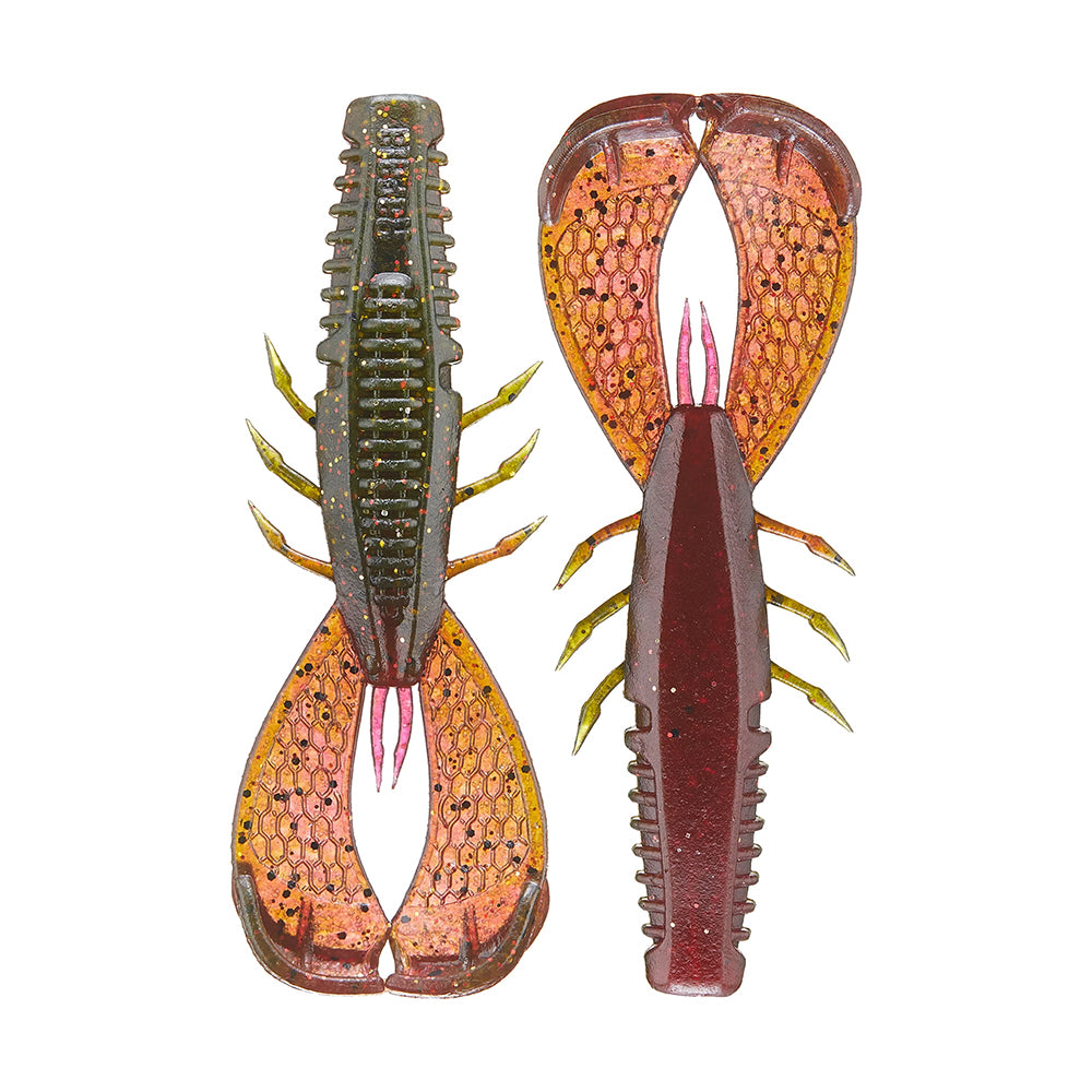 The Rapala Crush City Cleanup Craw soft plastic lures are crafted to mimic crawfish, featuring greenish-brown bodies with specks and vibrant orange-red claw-like appendages—ideal for bass fishing and appealing to anglers such as Jacob Wheeler.