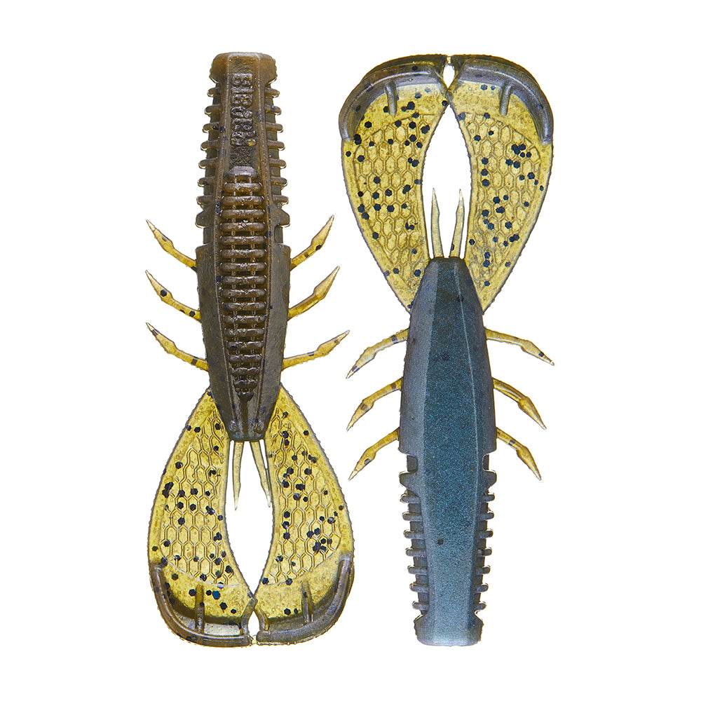 The Rapala Crush City Cleanup Craw lures, favored for Jacob Wheeler's technique, resemble realistic crawfish with detailed textures. One showcases a dark upper body and yellow underbody with segmented tails and legs, making them ideal bass snacks by mimicking natural bait.