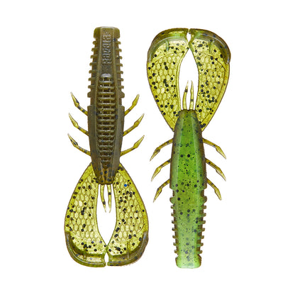 Two Rapala Crush City Cleanup Craw lures, shaped like crawfish and translucent green with black speckles, are shown from different angles. With detailed textures and multiple appendages, these lures make the perfect bass snack for anglers like Jacob Wheeler.