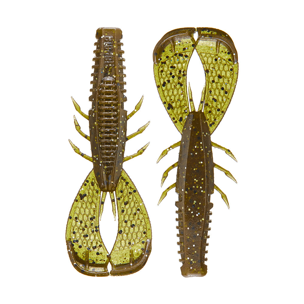 Two green and brown plastic Rapala Crush City Cleanup Craw lures, inspired by Jacob Wheeler, have segmented bodies and multiple appendages. Displayed top and bottom, they feature wide paddle tails with intricate details mimicking enticing bass snacks by Rapala.