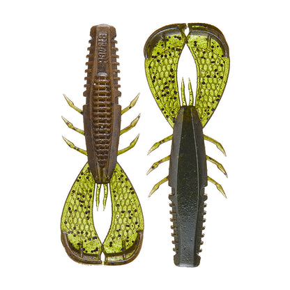 The Rapala Crush City Cleanup Craw lures resemble crawfish, showcasing brown segmented bodies with small appendages and large green claw-like extensions. These designs are inspired by pro angler Jacob Wheeler's bass fishing strategies.