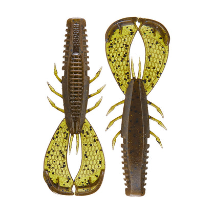 The Rapala Crush City Cleanup Craw are two soft plastic fishing lures designed to mimic crawfish. Featuring ribbed bodies, split tails, a greenish-brown color with black spots, detailed claws, and multiple legs, they make ideal bass snacks and are popular among anglers like Jacob Wheeler.