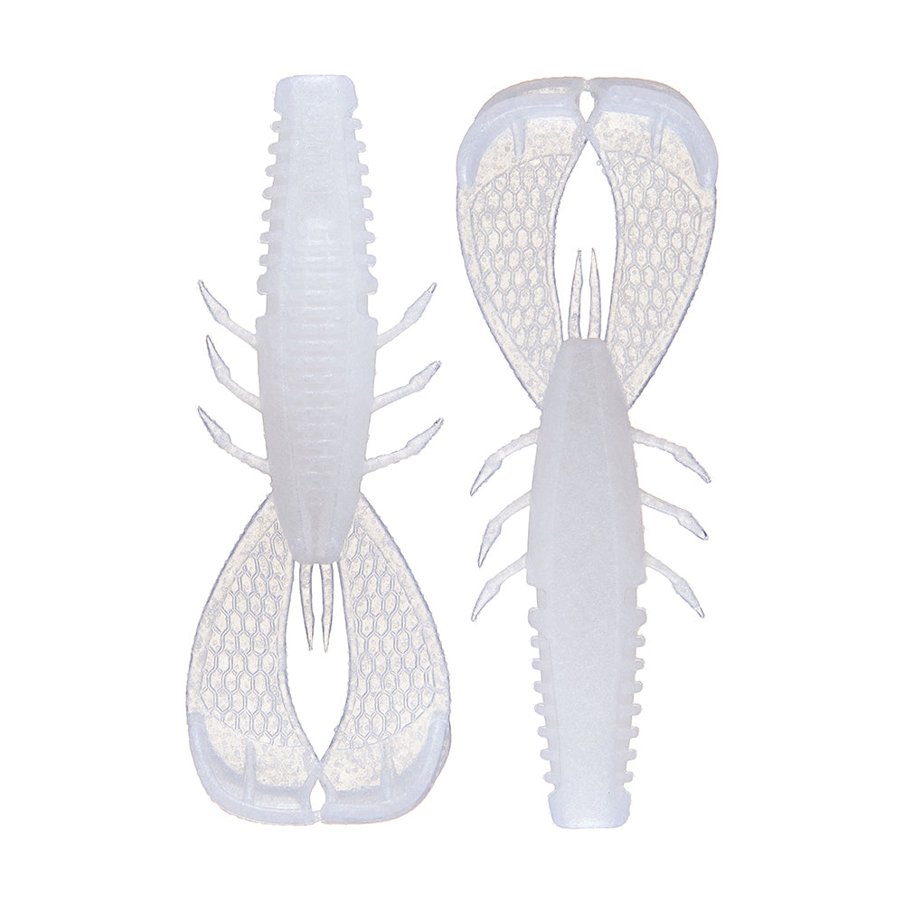 Illustration of the translucent white Rapala Crush City Cleanup Craw fishing lure, shaped like a crawfish, shown from top and bottom views. It features segmented limbs and textured claws to mimic a real crawfish—ideal as Jacob Wheeler's favorite bass snack gear.