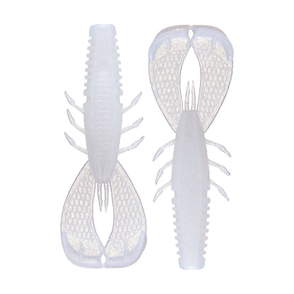 Illustration of the translucent white Rapala Crush City Cleanup Craw fishing lure, shaped like a crawfish, shown from top and bottom views. It features segmented limbs and textured claws to mimic a real crawfish—ideal as Jacob Wheeler's favorite bass snack gear.
