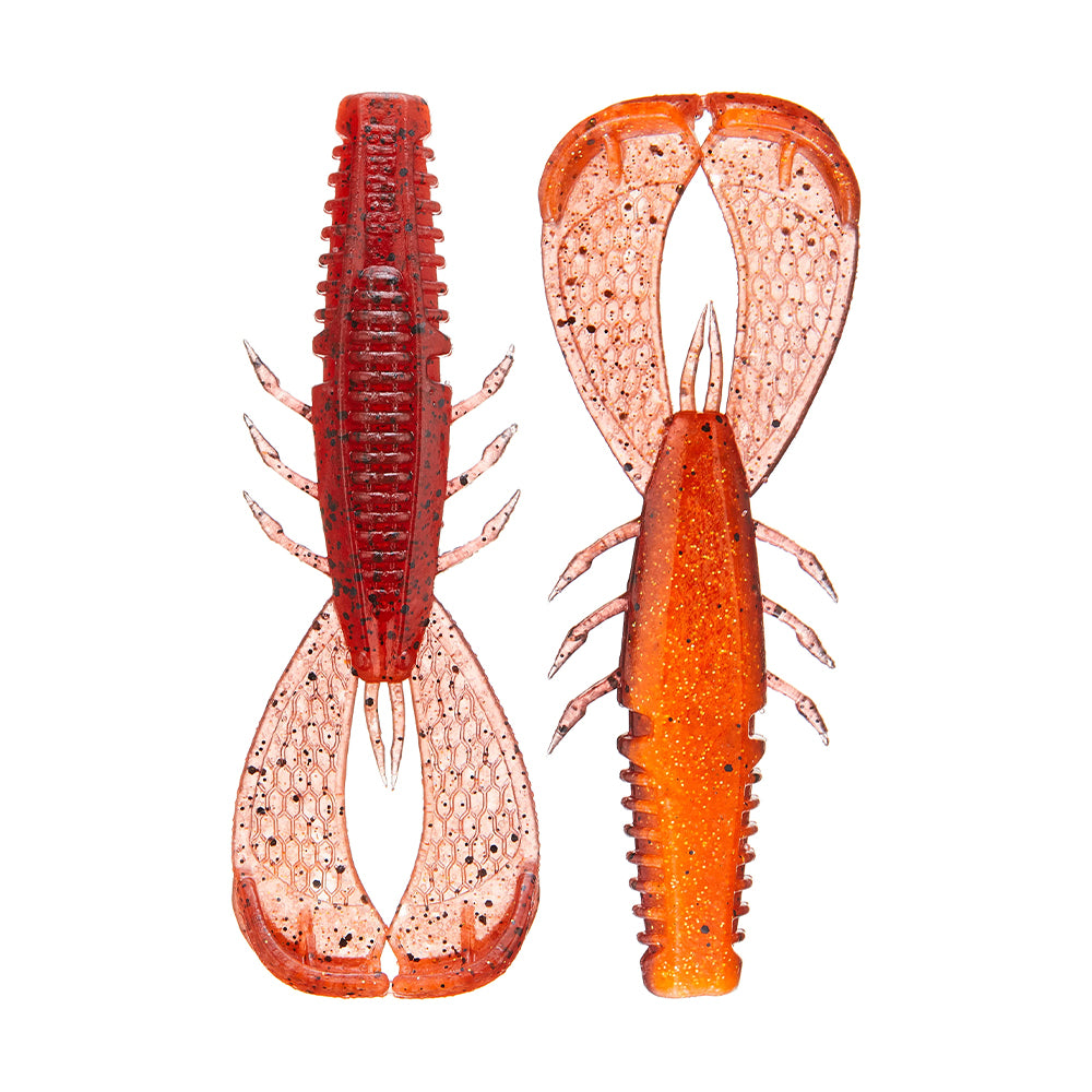 The Rapala Crush City Cleanup Craw, designed by Rapala, features two orange plastic crayfish-shaped fishing lures with segmented bodies, pincers, and tails. Their speckled texture mimics a tasty bass snack for ultimate attraction.