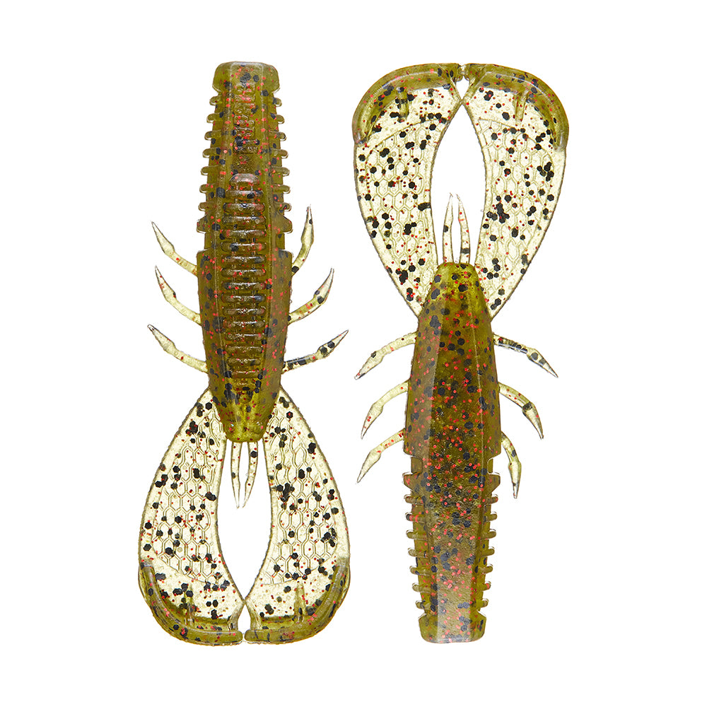The Rapala Crush City Cleanup Craw lures from Rapala are translucent, greenish-brown with black and red speckles. They mimic crayfish top and bottom views, ideal for bass fishing. Designed with ribbed bodies, multiple appendages, and flat pincers inspired by Jacob Wheeler's winning style.