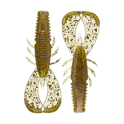 The Rapala Crush City Cleanup Craw lures from Rapala are translucent, greenish-brown with black and red speckles. They mimic crayfish top and bottom views, ideal for bass fishing. Designed with ribbed bodies, multiple appendages, and flat pincers inspired by Jacob Wheeler's winning style.