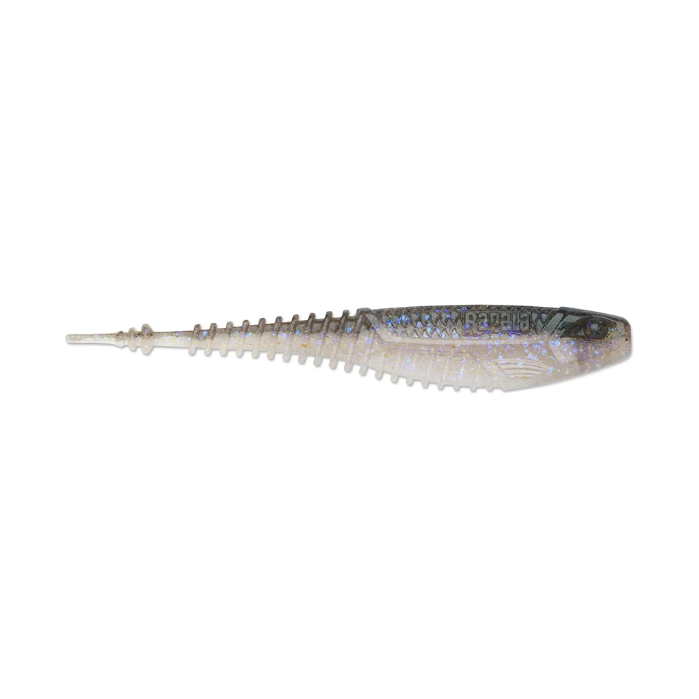 The Rapala Crush City Freeloader is a soft plastic lure with Smart Injection Technology, a ribbed, tapered body, and shimmery translucent gray-blue color for enticing tail-kicking trailer action.
