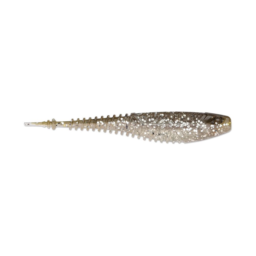 The Rapala Crush City Freeloader is a soft plastic lure shaped like a small fish with a ribbed body, tapered tail, and Tail-Kicking Trailer Action. Its translucent design shimmers with silver and black specks for lifelike movement.