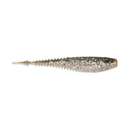 The Rapala Crush City Freeloader is a soft plastic lure shaped like a small fish with a ribbed body, tapered tail, and Tail-Kicking Trailer Action. Its translucent design shimmers with silver and black specks for lifelike movement.
