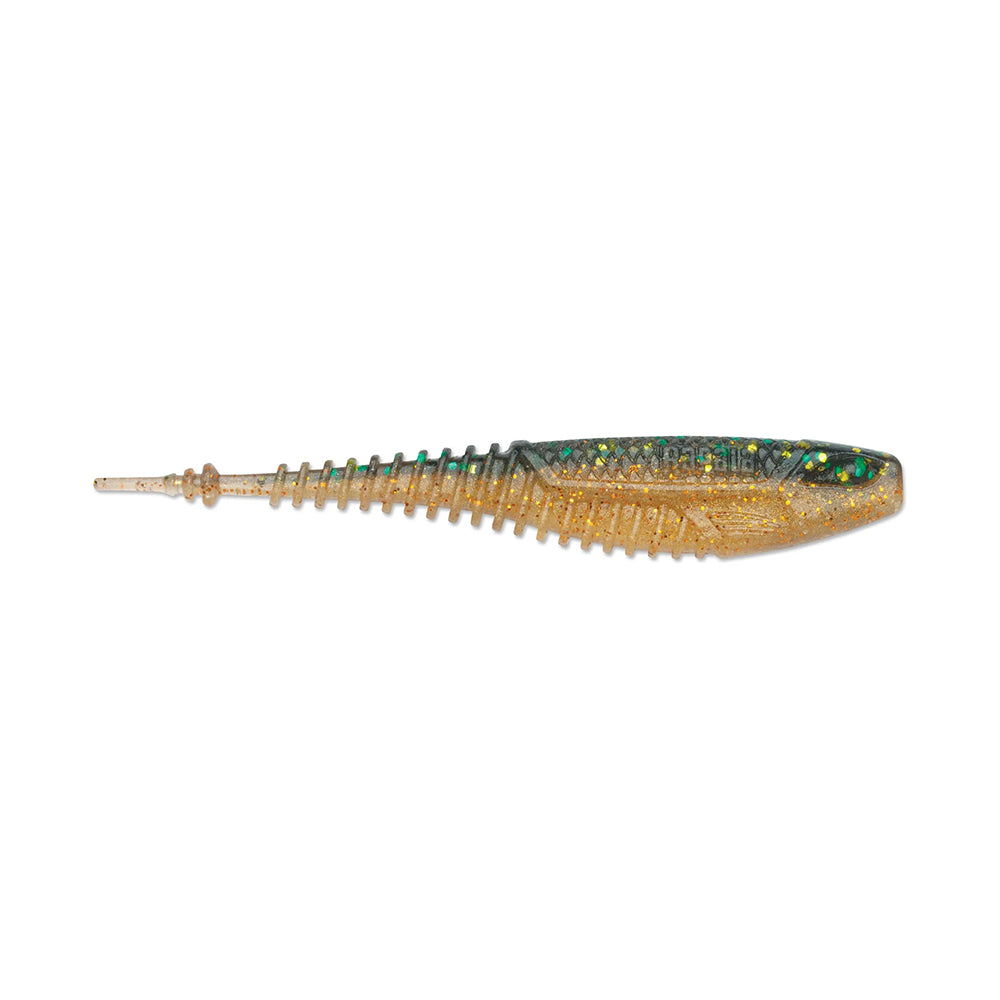 The Rapala Crush City Freeloader by Rapala is a soft plastic lure shaped like a baitfish, with a ribbed, tapered body in brownish-gold and green glitter accents, delivering irresistible tail-kicking action for added attraction.